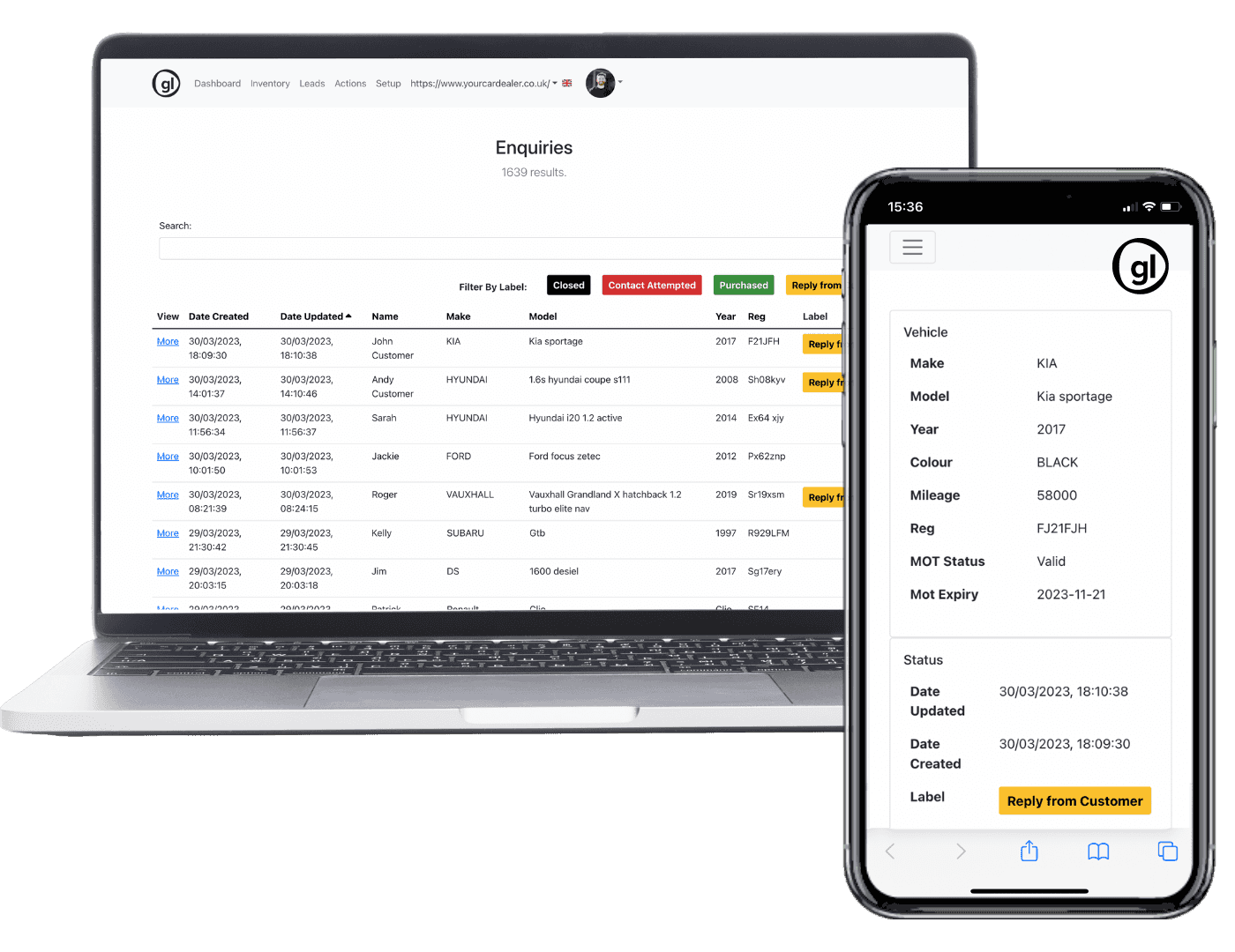 Mockup of the GL Digital Car Sourcing System on a laptop and iphone